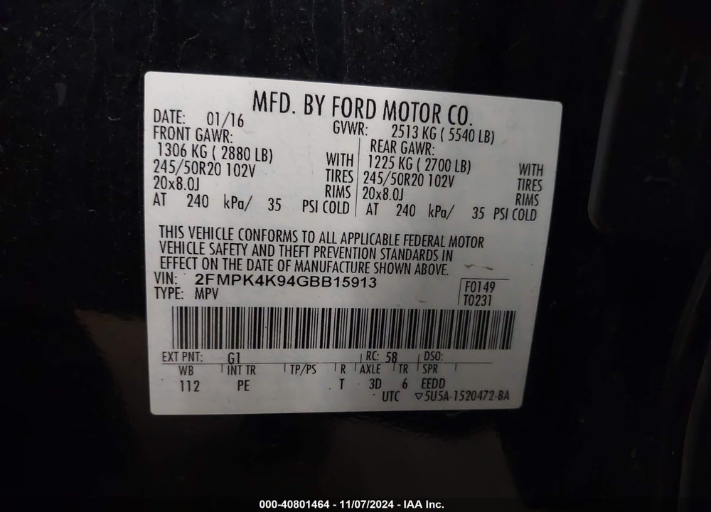 2016 FORD EDGE TITANIUM VIN: 2FMPK4K94GBB15913