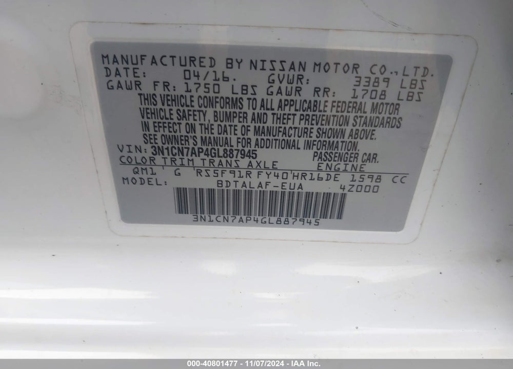 2016 NISSAN VERSA 1.6 S+ VIN: 3N1CN7AP4GL887945