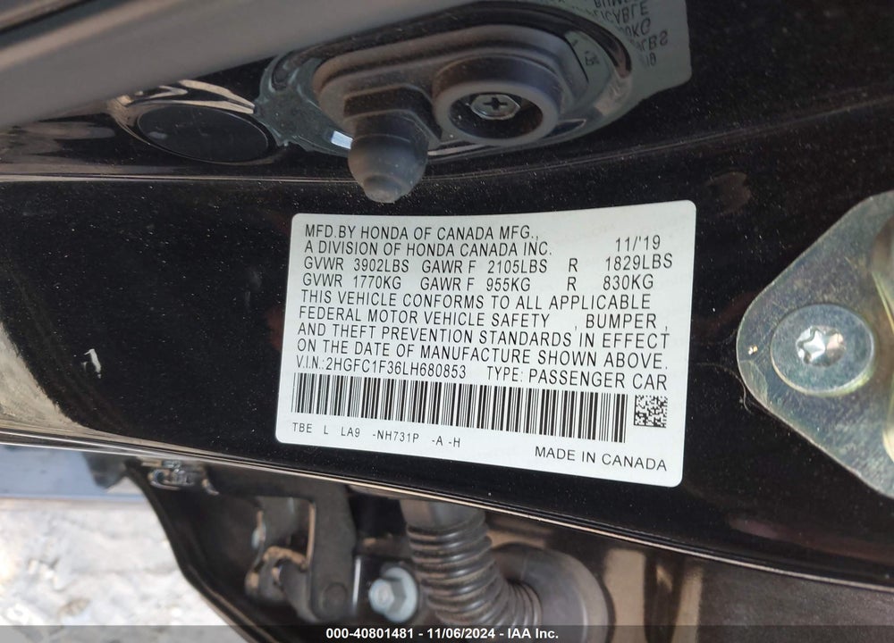 2020 HONDA CIVIC EX VIN: 2HGFC1F36LH680853