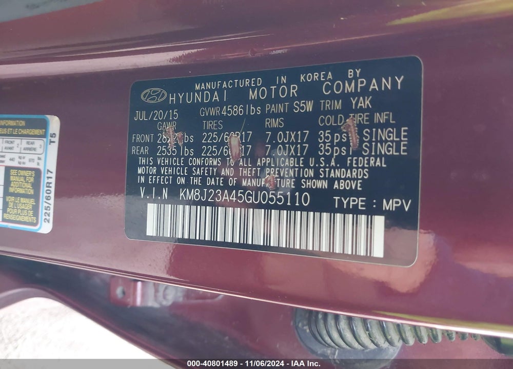 2016 HYUNDAI TUCSON SE VIN: KM8J23A45GU055110