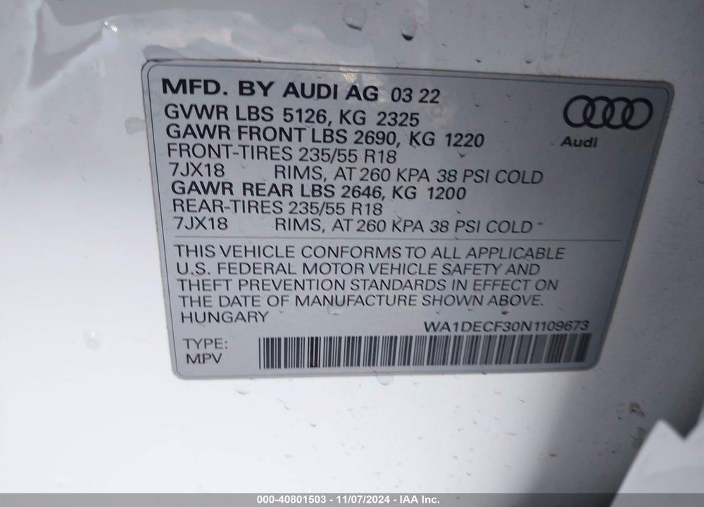 2022 AUDI Q3 PREMIUM 45 TFSI S LINE QUATTRO TIPTRONIC VIN: WA1DECF30N1109673