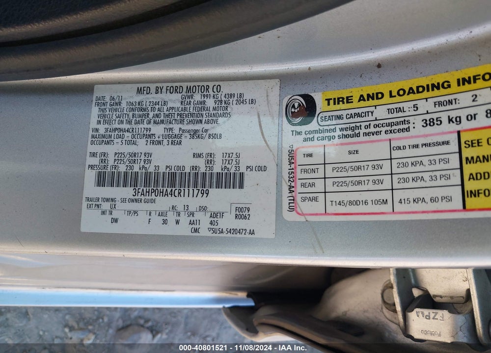 2012 FORD FUSION SE VIN: 3FAHP0HA4CR111799