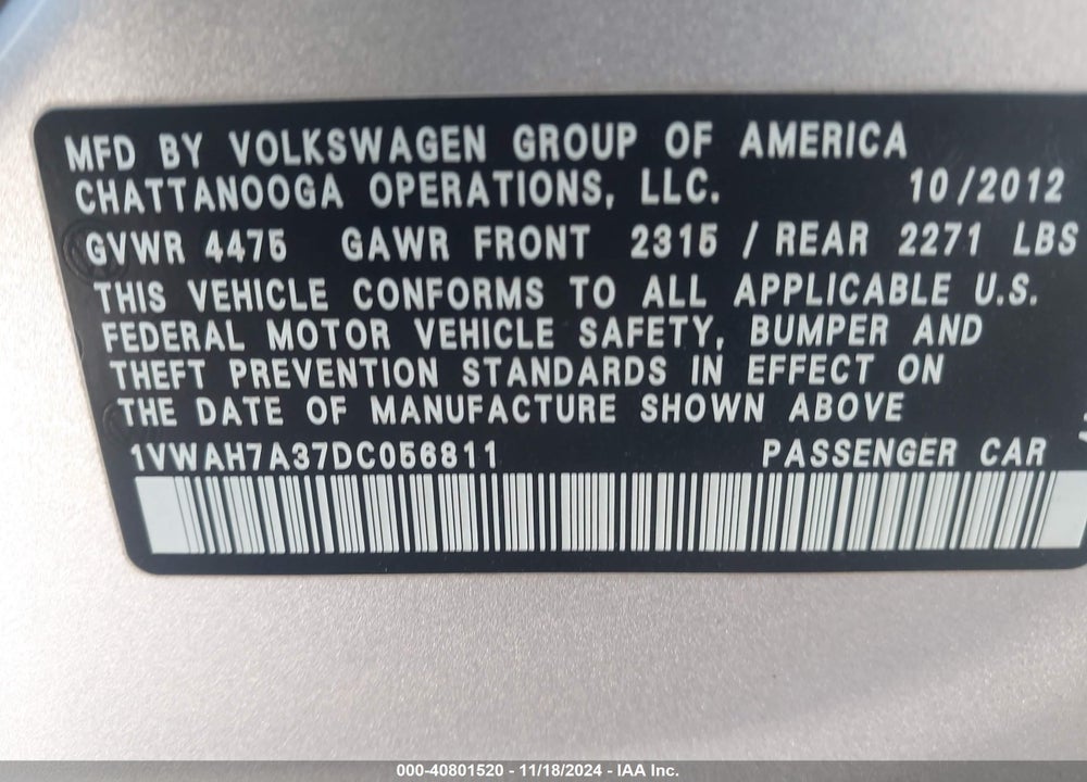 2013 VOLKSWAGEN PASSAT S W/APPEARANCE VIN: 1VWAH7A37DC056811