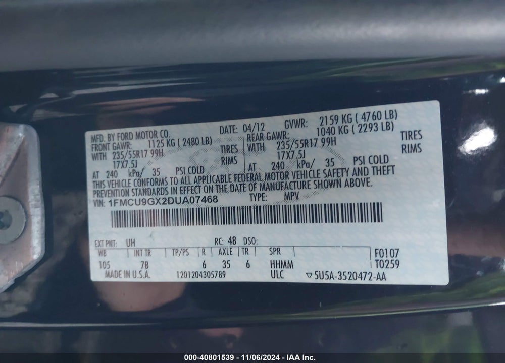 2013 FORD ESCAPE SE VIN: 1FMCU9GX2DUA07468