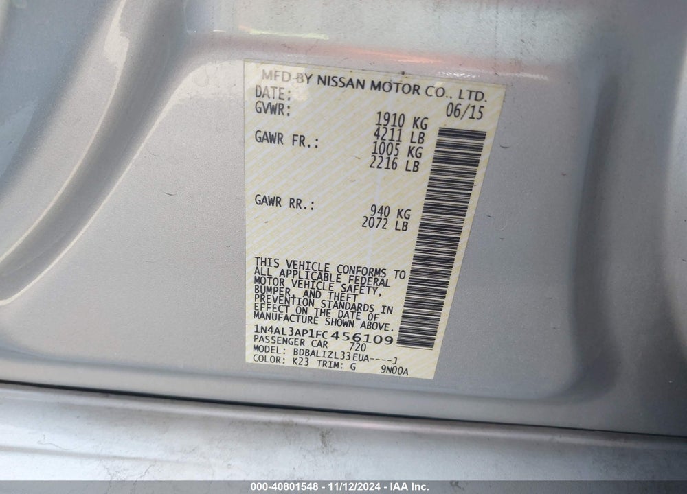 2015 NISSAN ALTIMA 2.5 SV VIN: 1N4AL3AP1FC456109