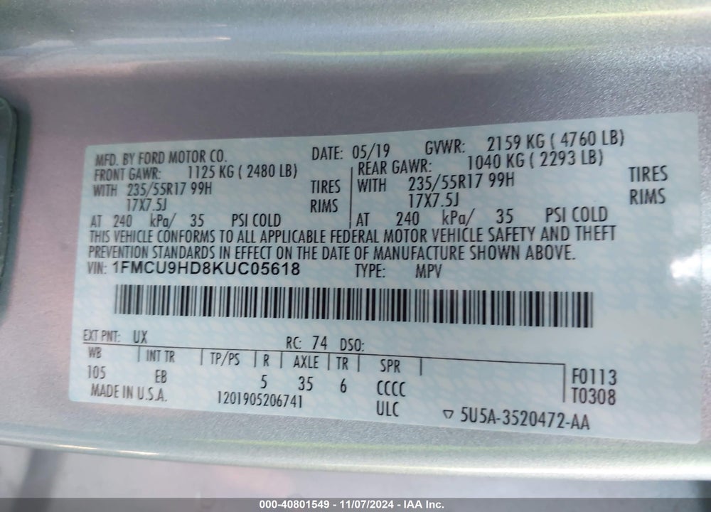 2019 FORD ESCAPE SEL VIN: 1FMCU9HD8KUC05618