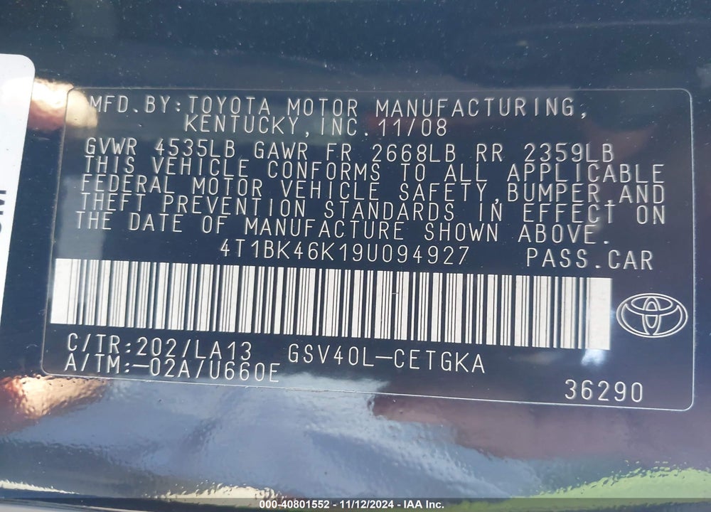 2009 TOYOTA CAMRY XLE V6 VIN: 4T1BK46K19U094927