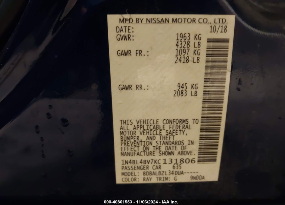 2019 NISSAN ALTIMA VIN: 1N4BL4BV7KC131806