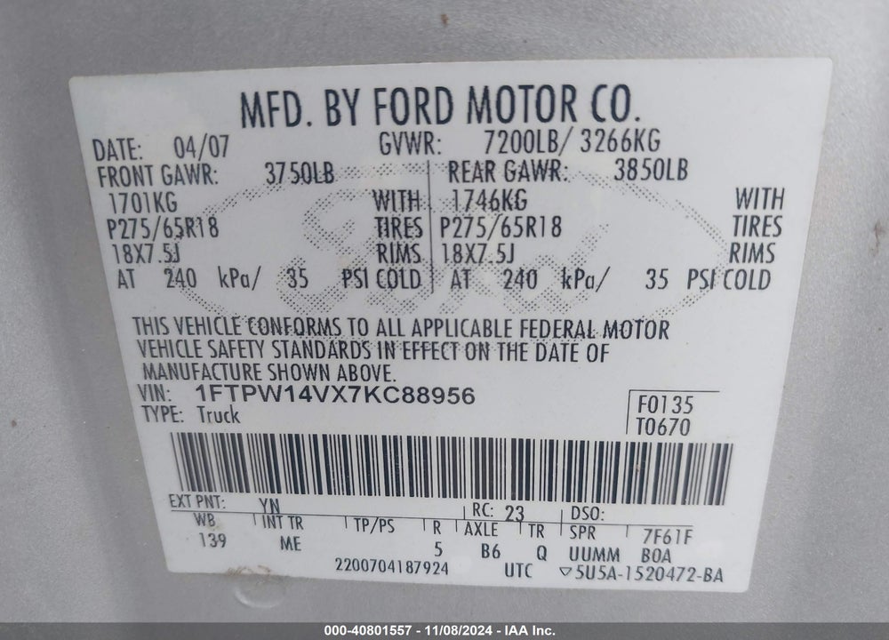 2007 FORD F150 VIN: 1FTPW14VX7KC88956