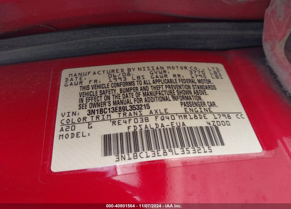 2009 NISSAN VERSA VIN: 3N1BC13E89L353215