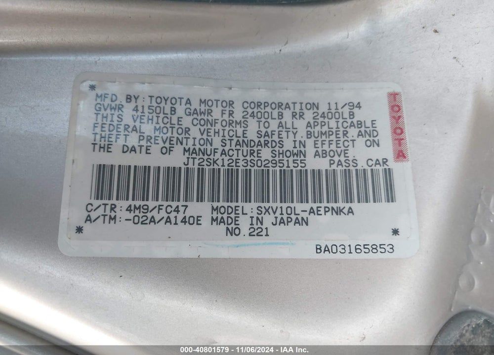 1995 TOYOTA CAMRY LE VIN: JT2SK12E3S0295155