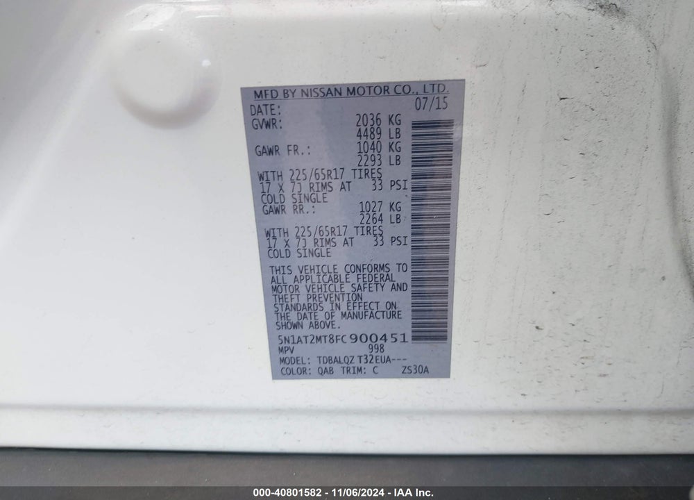 2015 NISSAN ROGUE SV VIN: 5N1AT2MT8FC900451