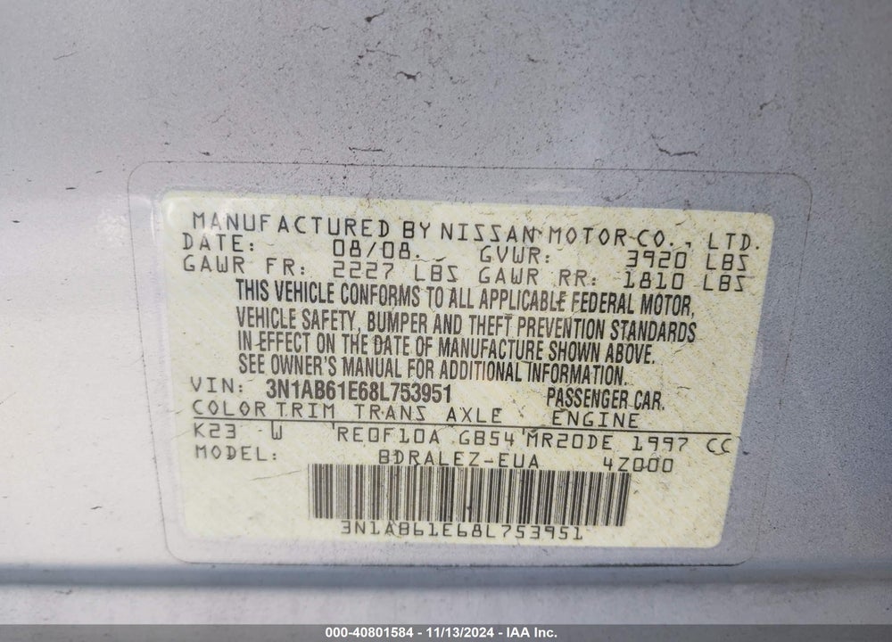 2008 NISSAN SENTRA 2.0S VIN: 3N1AB61E68L753951
