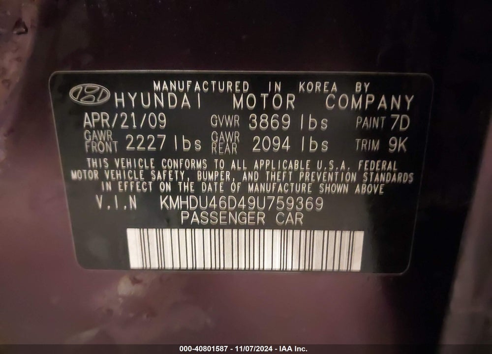 2009 HYUNDAI ELANTRA VIN: KMHDU46D49U759369