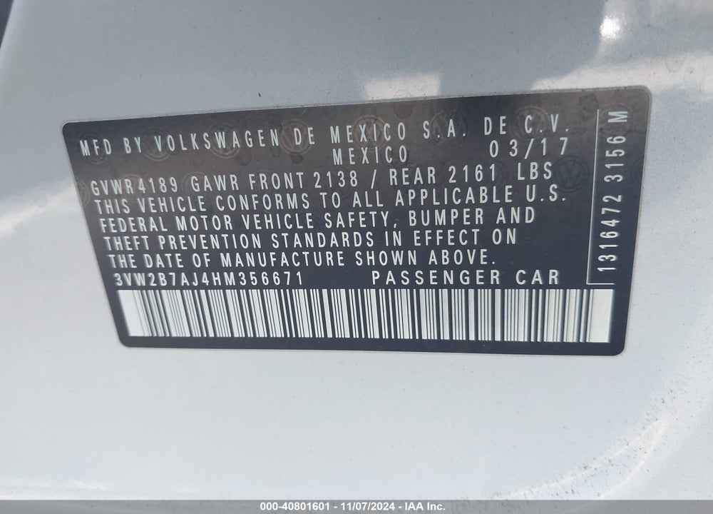2017 VOLKSWAGEN JETTA 1.4T S VIN: 3VW2B7AJ4HM356671