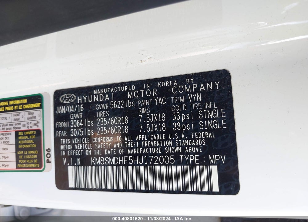 2017 HYUNDAI SANTA FE SE VIN: KM8SMDHF5HU172005