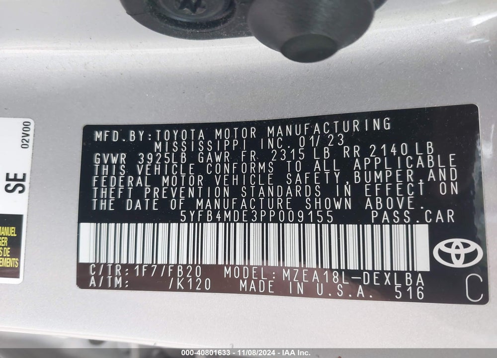 2023 TOYOTA COROLLA VIN: 5YFB4MDE3PP009155