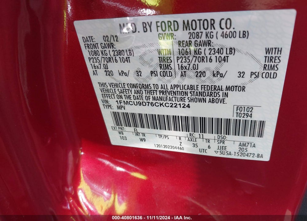 2012 FORD ESCAPE XLT VIN: 1FMCU9D76CKC22124