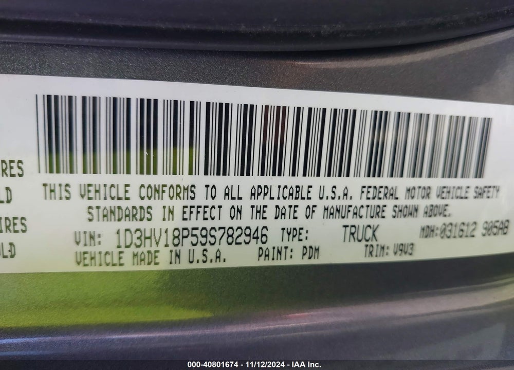 2009 DODGE RAM 1500 SLT/SPORT/TRX VIN: 1D3HV18P59S782946