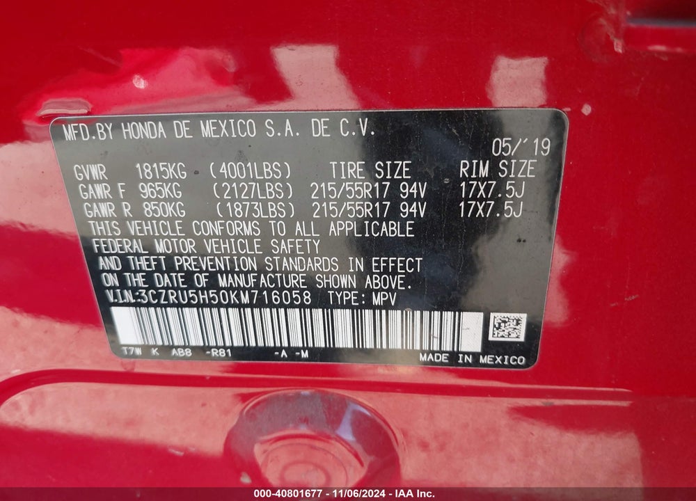 2019 HONDA HR-V EX VIN: 3CZRU5H50KM716058