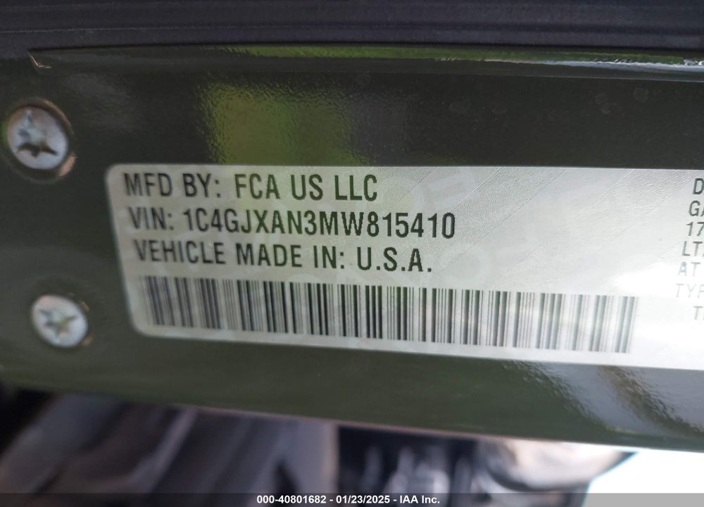 2021 JEEP WRANGLER WILLYS 4X4 VIN: 1C4GJXAN3MW815410