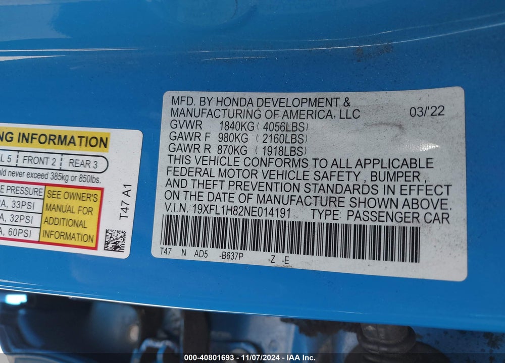 2022 HONDA CIVIC SPORT TOURING VIN: 19XFL1H82NE014191