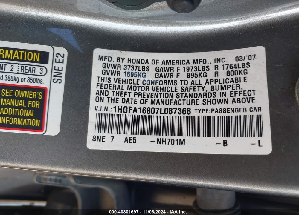 2007 HONDA CIVIC EX VIN: 1HGFA16807L087368
