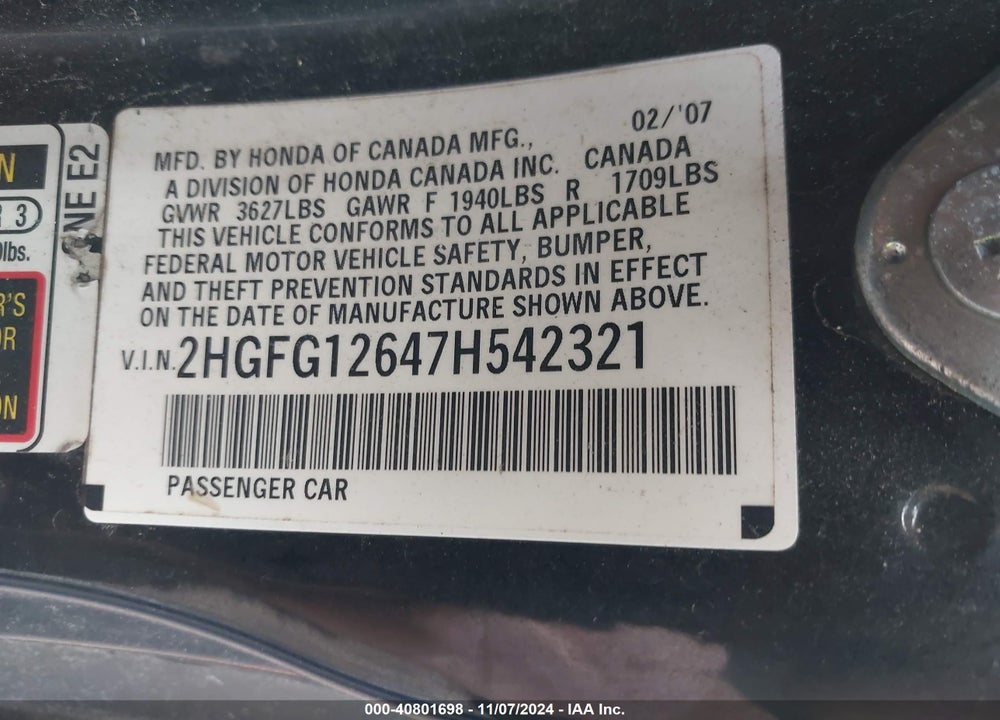 2007 HONDA CIVIC LX VIN: 2HGFG12647H542321