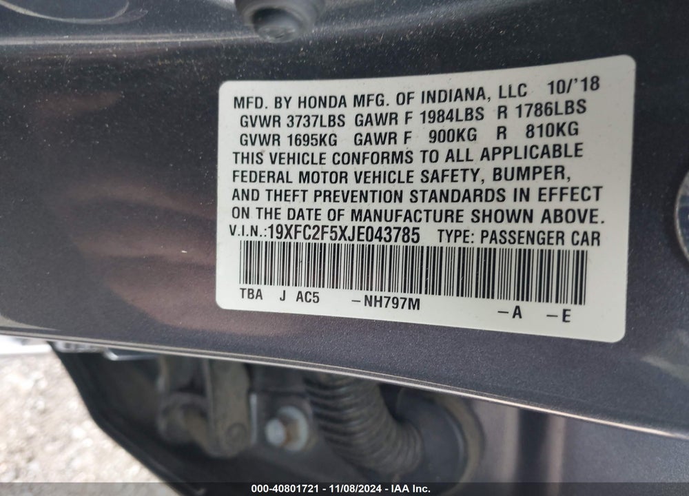 2018 HONDA CIVIC LX VIN: 19XFC2F5XJE043785