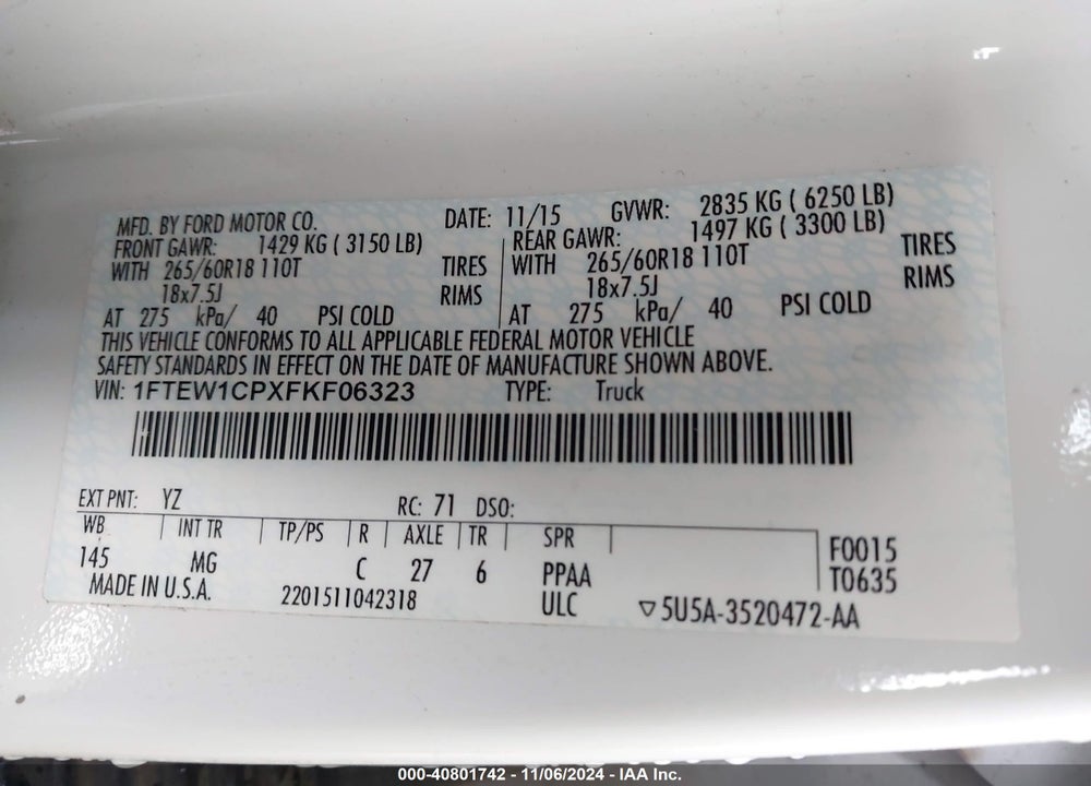 2015 FORD F-150 XLT VIN: 1FTEW1CPXFKF06323