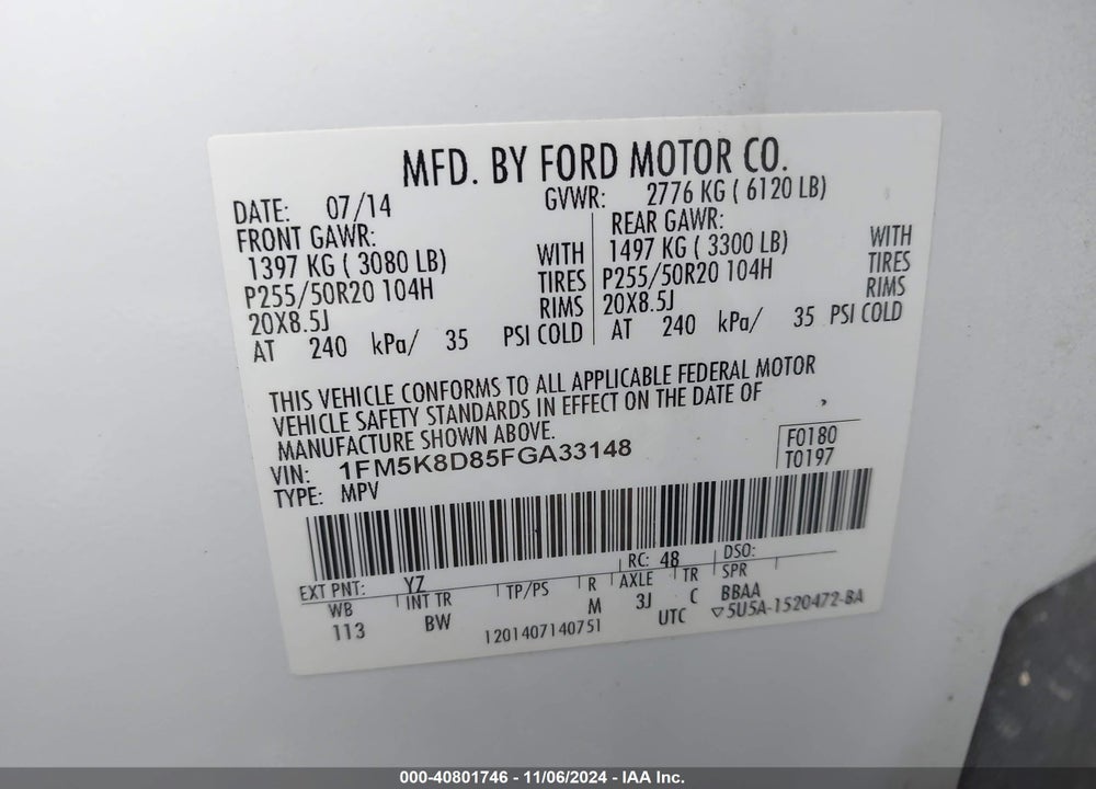 2015 FORD EXPLORER XLT VIN: 1FM5K8D85FGA33148
