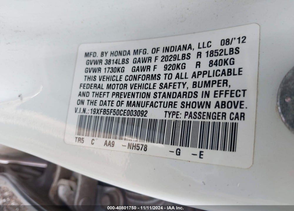 2012 HONDA CIVIC SDN CNG/NATURAL GAS VIN: 19XFB5F50CE003092