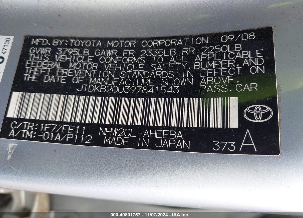 2009 TOYOTA PRIUS VIN: JTDKB20U397841543