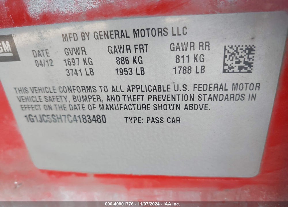 2012 CHEVROLET SONIC 2LT VIN: 1G1JC5SH7C4183480