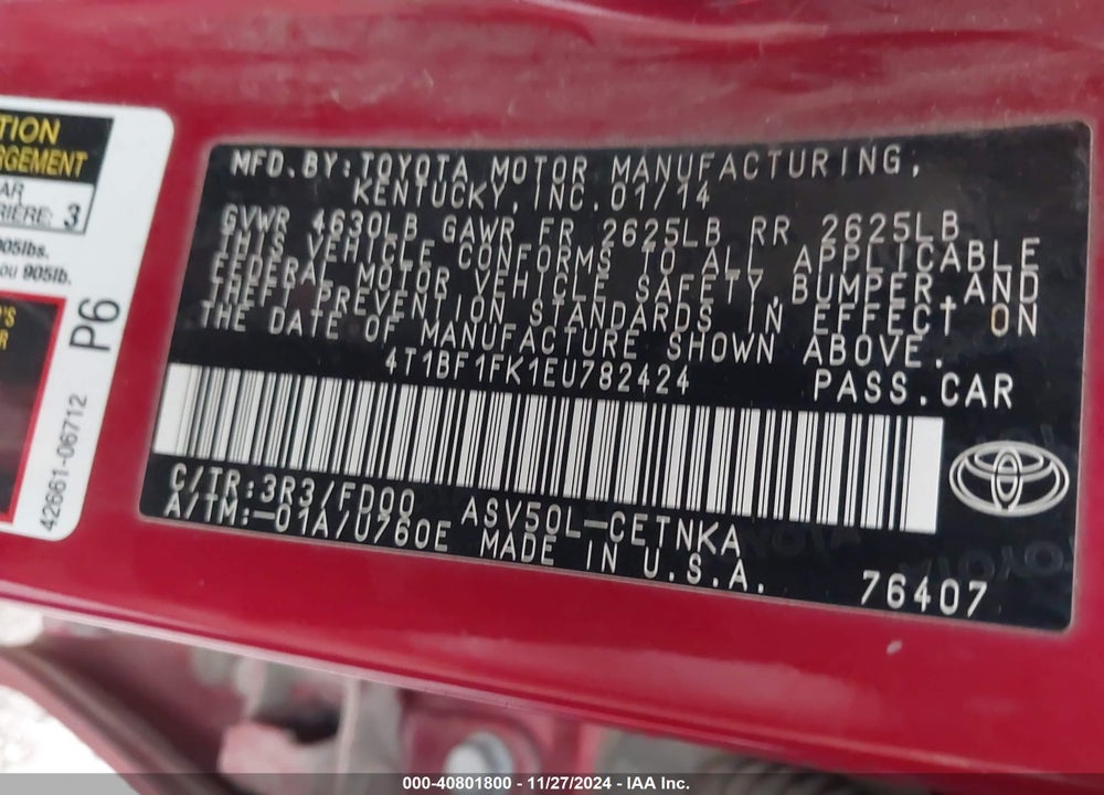 2014 TOYOTA CAMRY LE VIN: 4T1BF1FK1EU782424