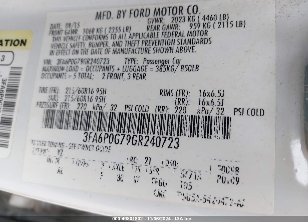 2016 FORD FUSION S VIN: 3FA6P0G79GR240723