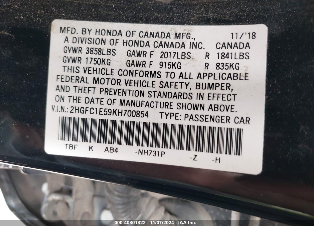 2019 HONDA CIVIC SI VIN: 2HGFC1E59KH700854