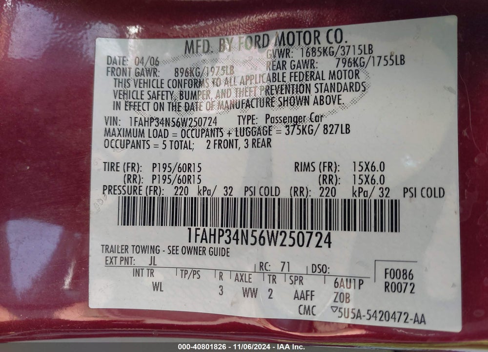 2006 FORD FOCUS ZX4 VIN: 1FAHP34N56W250724