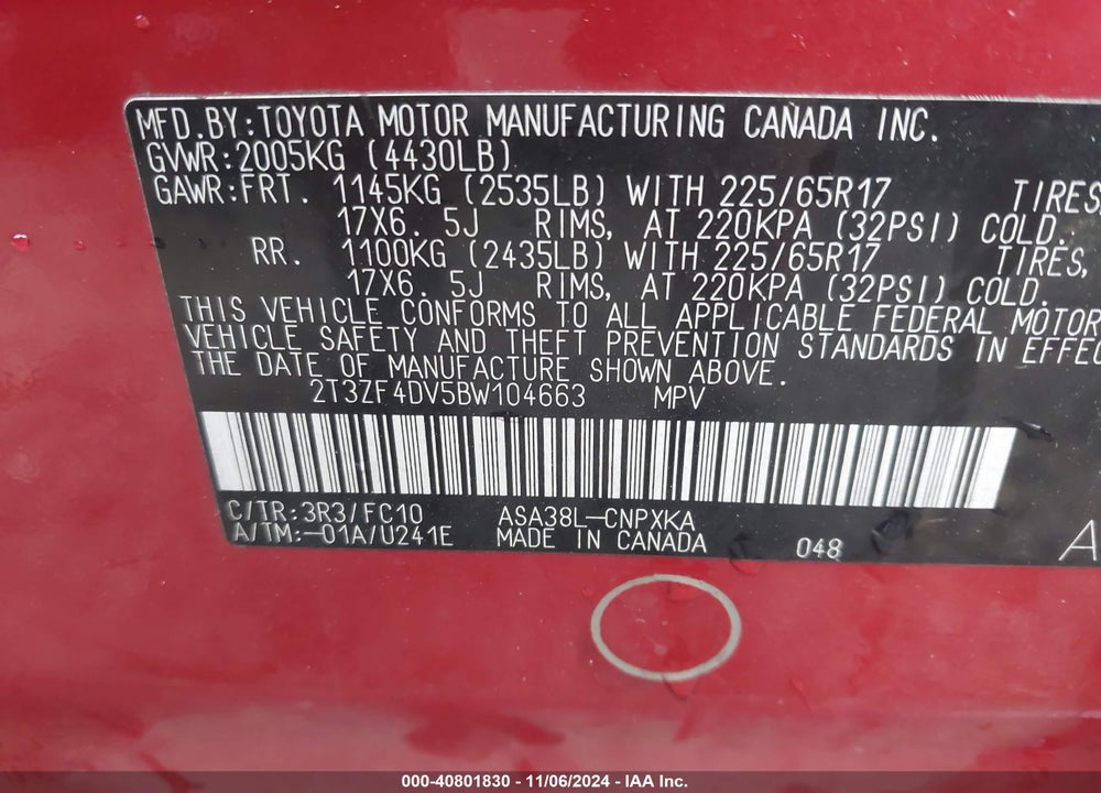 2011 TOYOTA RAV4 VIN: 2T3ZF4DV5BW104663