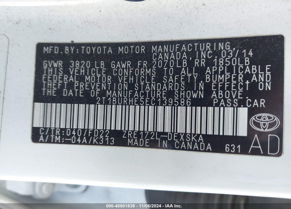 2014 TOYOTA COROLLA S PLUS VIN: 2T1BURHE5EC139586