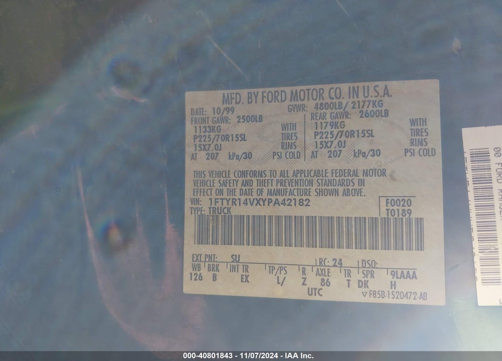 2000 FORD RANGER XL/XLT VIN: 1FTYR14VXYPA42182