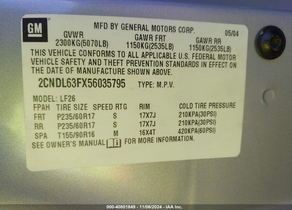 2005 CHEVROLET EQUINOX LT VIN: 2CNDL63FX56035795