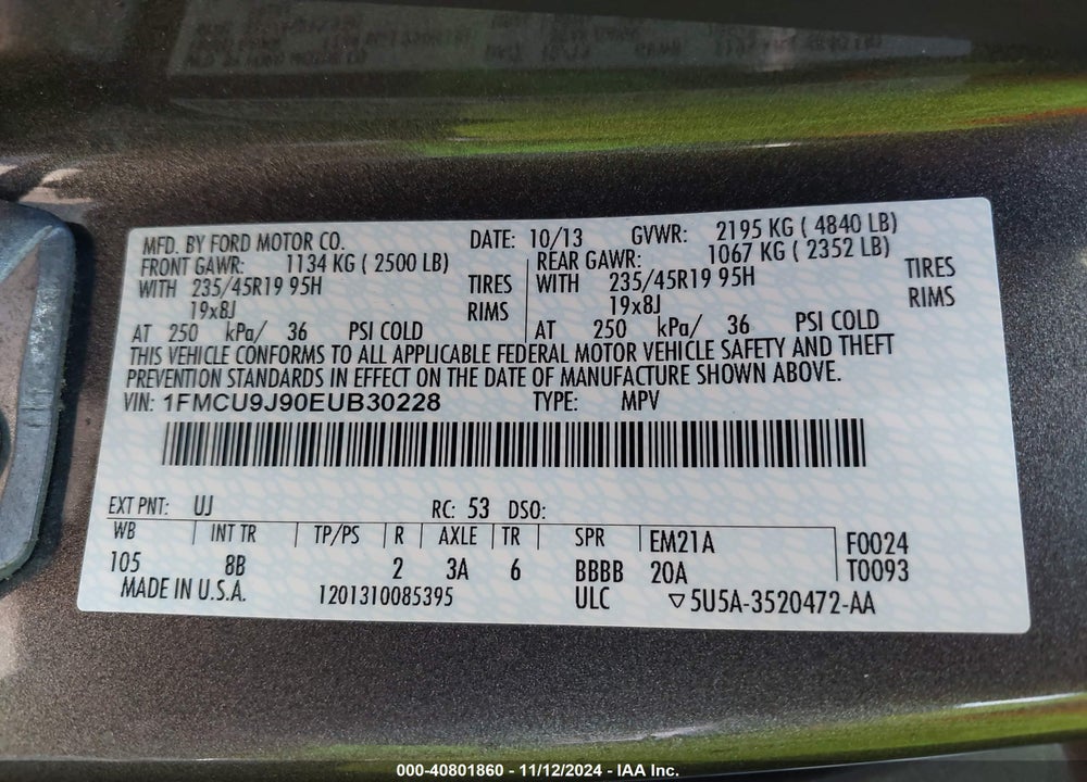 2014 FORD ESCAPE TITANIUM VIN: 1FMCU9J90EUB30228