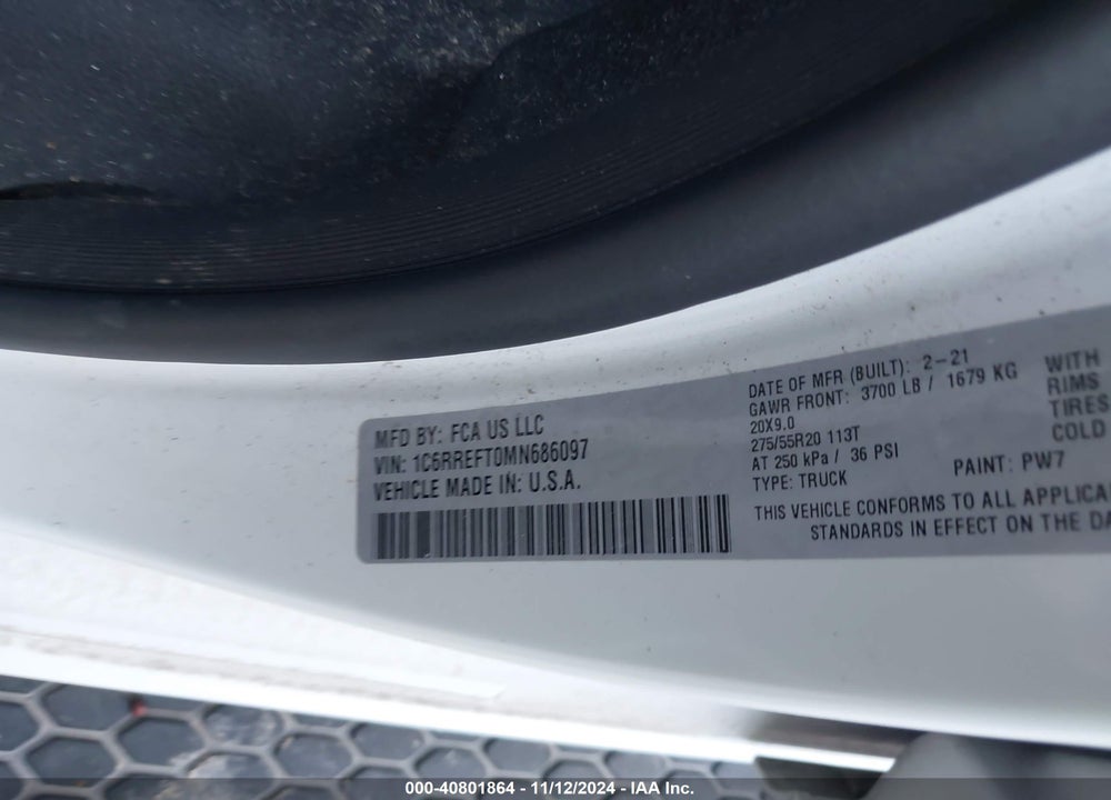 2021 RAM 1500 VIN: 1C6RREFT0MN686097