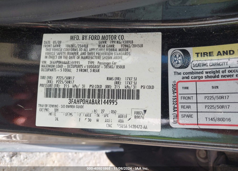 2010 FORD FUSION SE VIN: 3FAHP0HA8AR144995