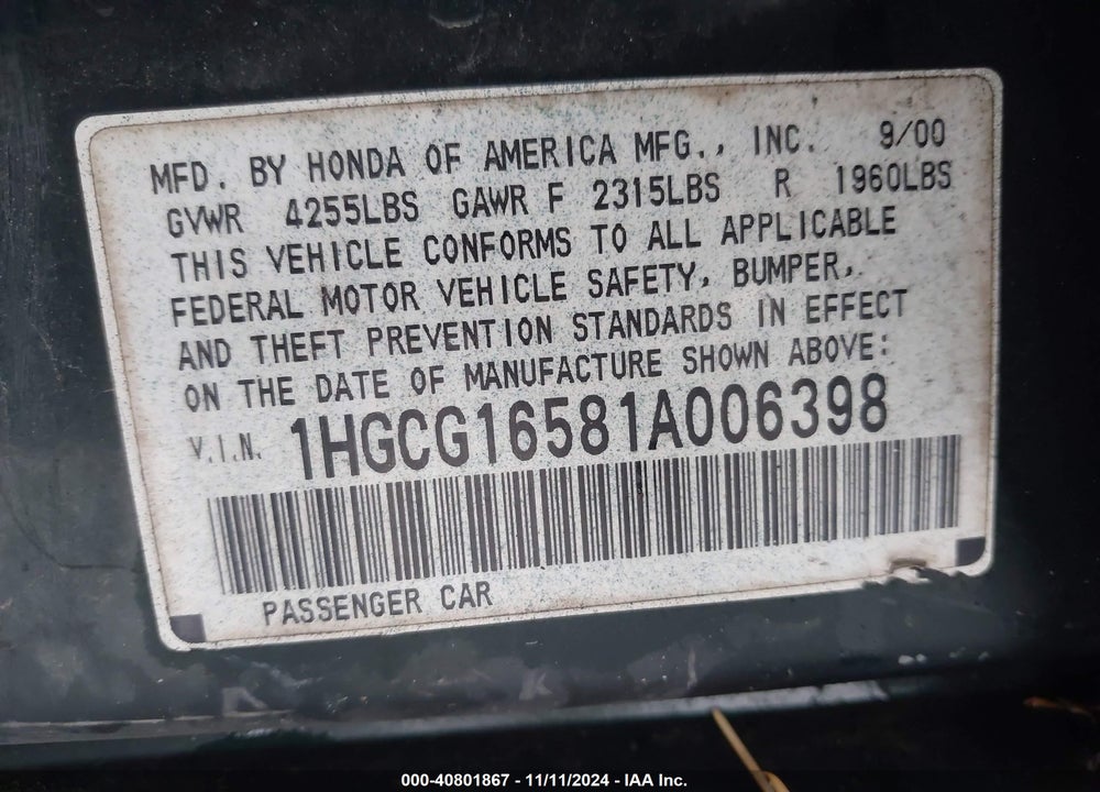 2001 HONDA ACCORD 3.0 EX VIN: 1HGCG16581A006398