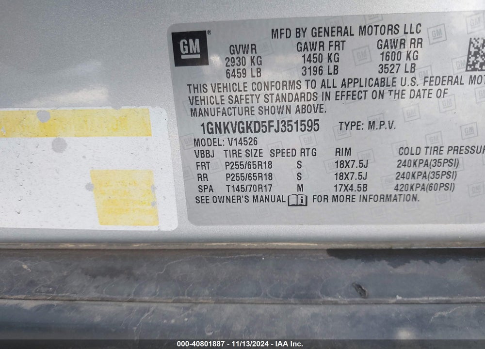 2015 CHEVROLET TRAVERSE 1LT VIN: 1GNKVGKD5FJ351595