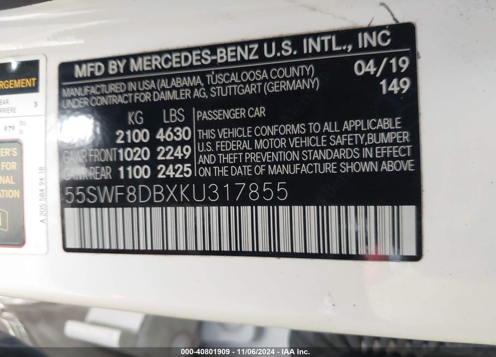 2019 MERCEDES-BENZ C 300 VIN: 55SWF8DBXKU317855