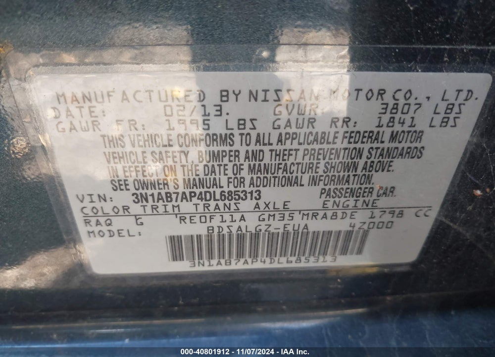2013 NISSAN SENTRA SL VIN: 3N1AB7AP4DL685313