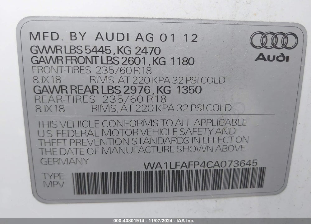 2012 AUDI Q5 2.0T PREMIUM VIN: WA1LFAFP4CA073645